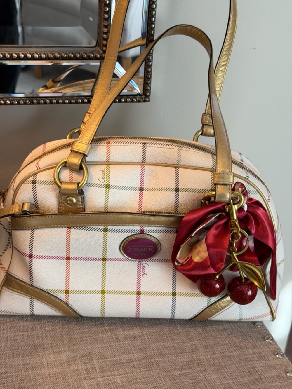 Coach White Plaid Satchel with Gold Straps and Red Charm - Picture 3 of 9